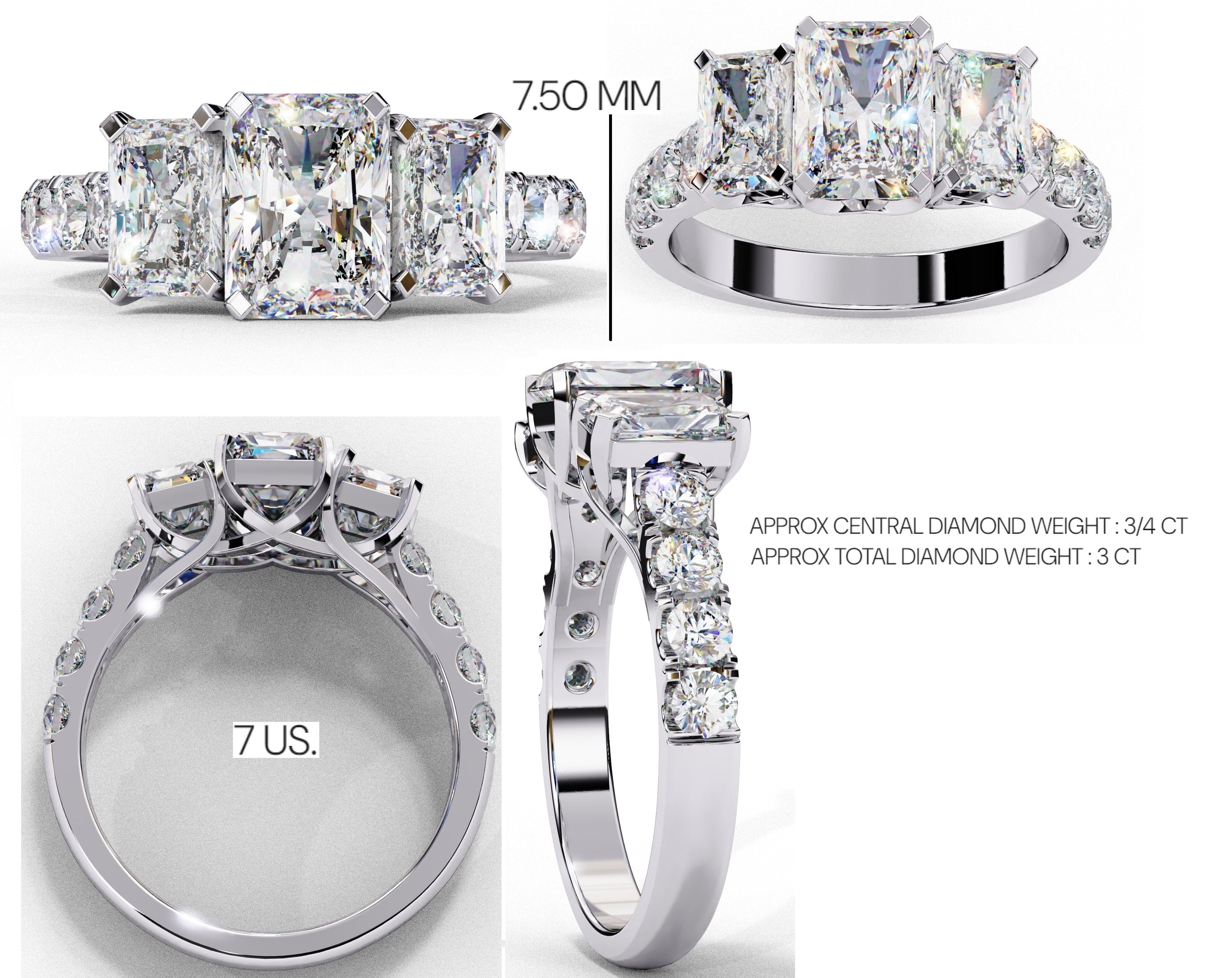 Radiant Multi-Stone Diamond Ring with Brilliant Side Accents