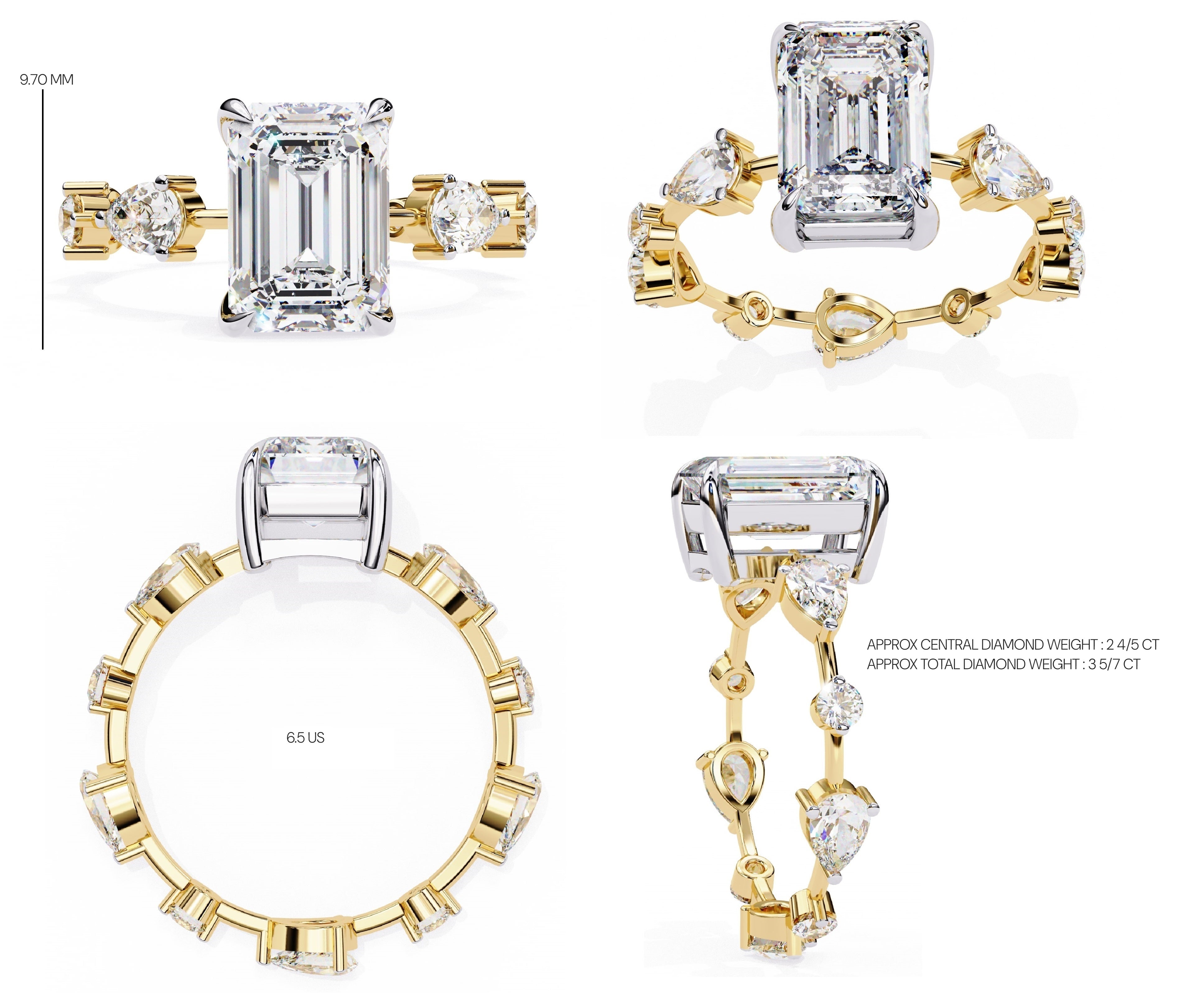 Radiant Central Stone Diamond Ring with Shimmering Side Accents