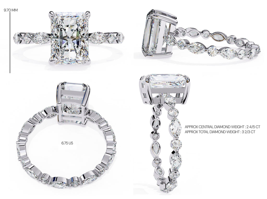 Radiant Central Stone Diamond Ring with Shimmering Side Accents