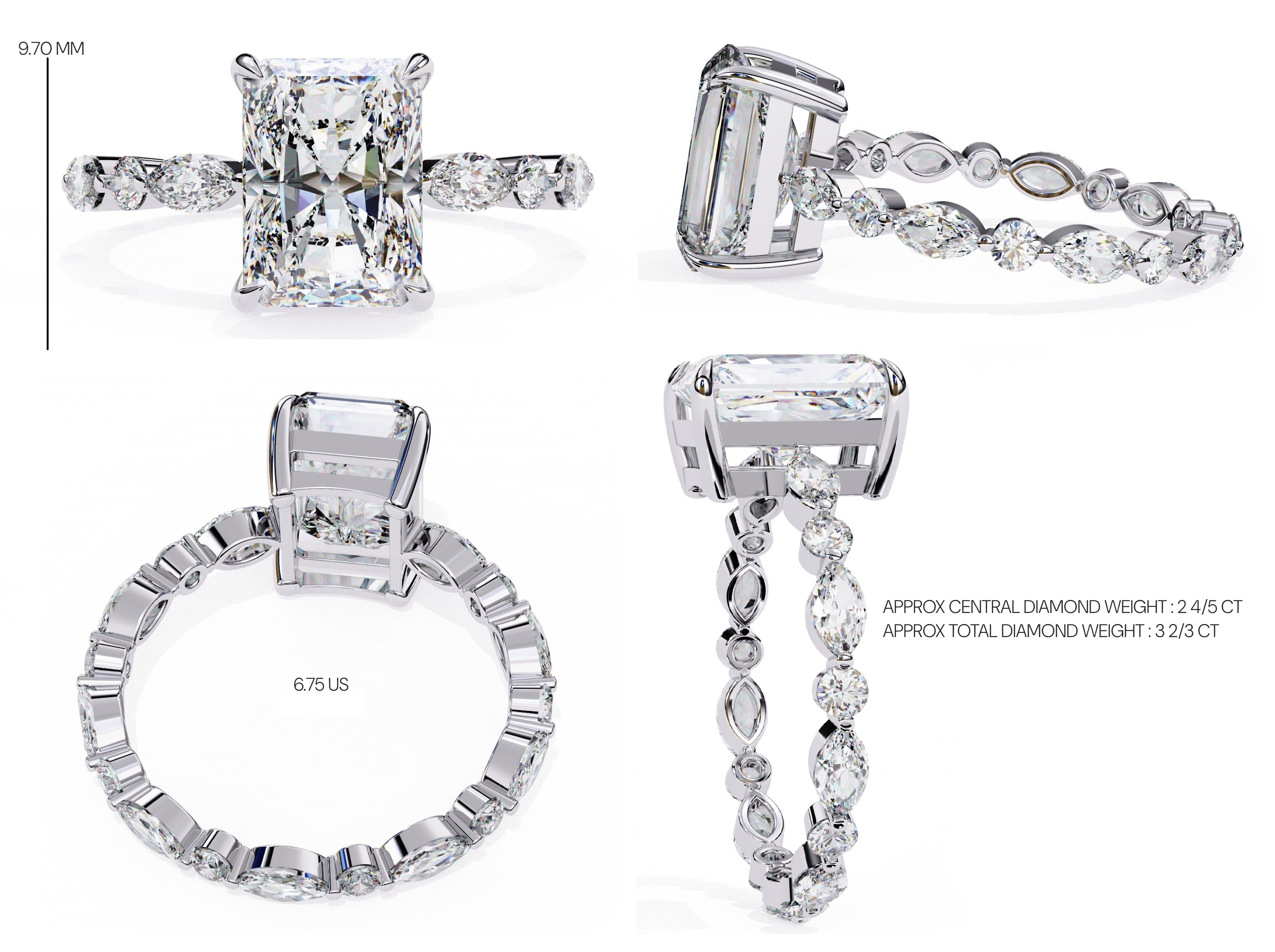 Radiant Central Stone Diamond Ring with Shimmering Side Accents