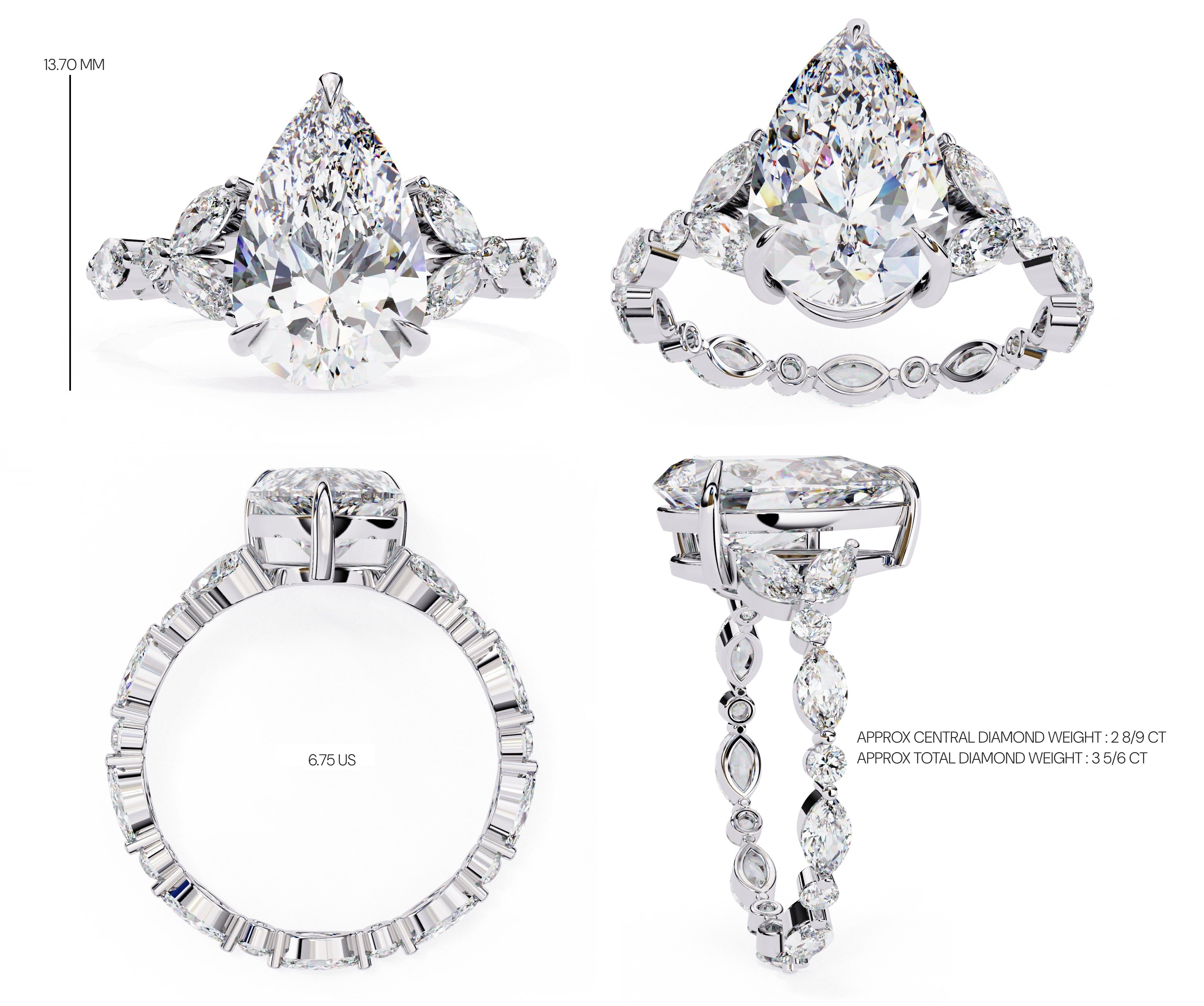 Radiant Central Stone Diamond Ring with Shimmering Side Accents