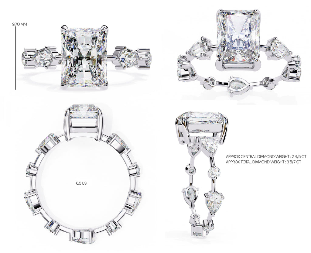 Radiant Central Stone Diamond Ring with Shimmering Side Accents