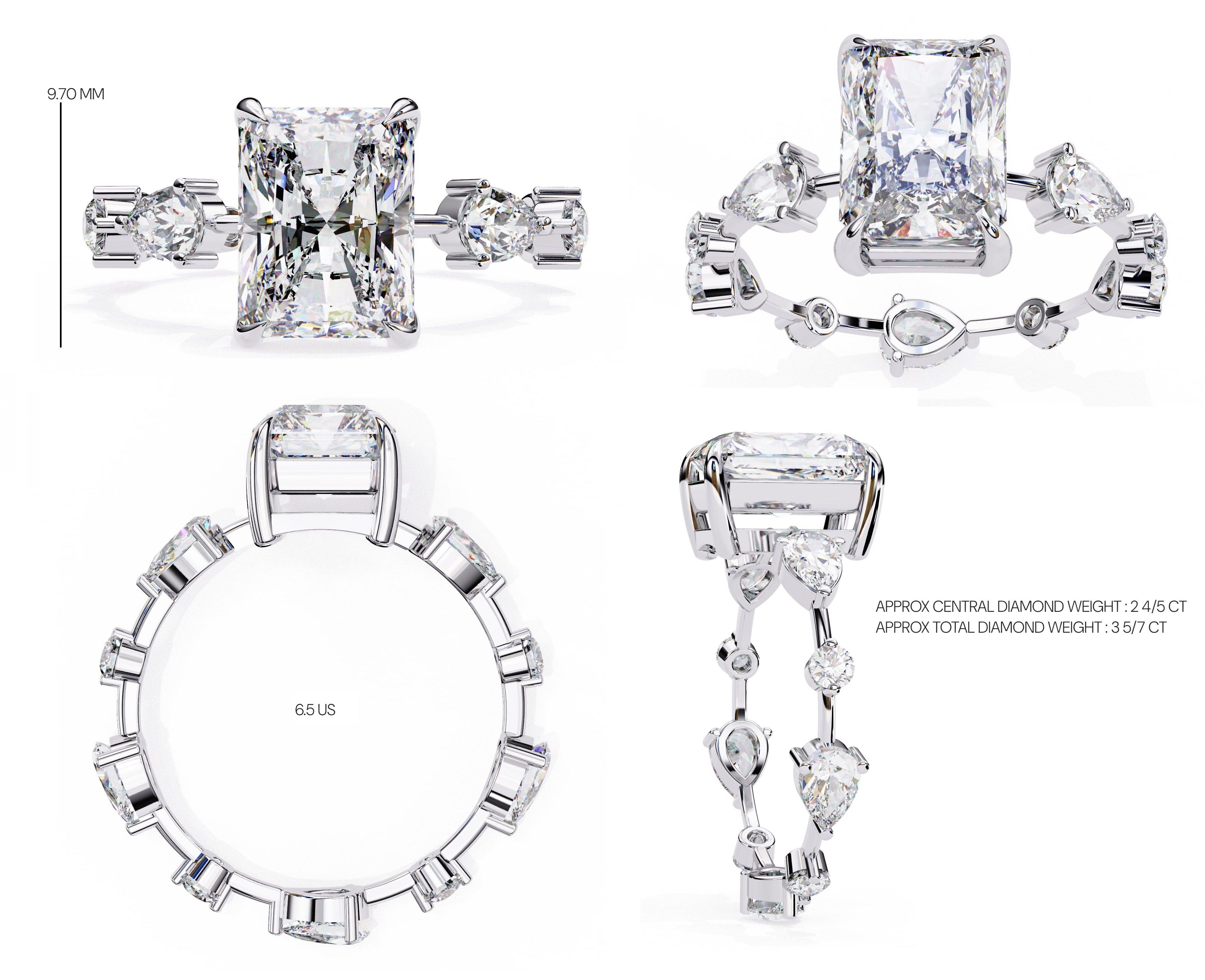 Radiant Central Stone Diamond Ring with Shimmering Side Accents