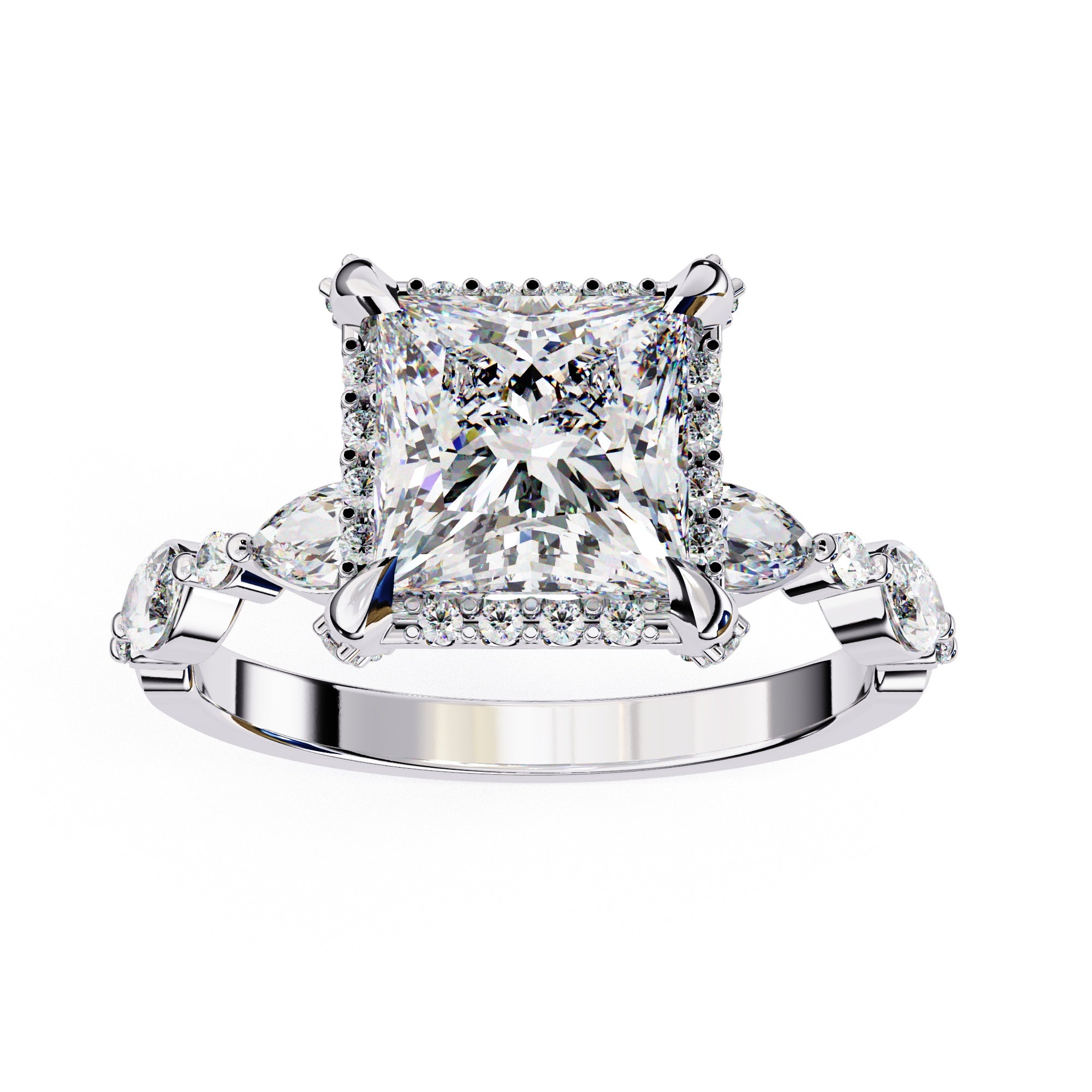 Radiant Central Stone Diamond Ring with Shimmering Side Accents