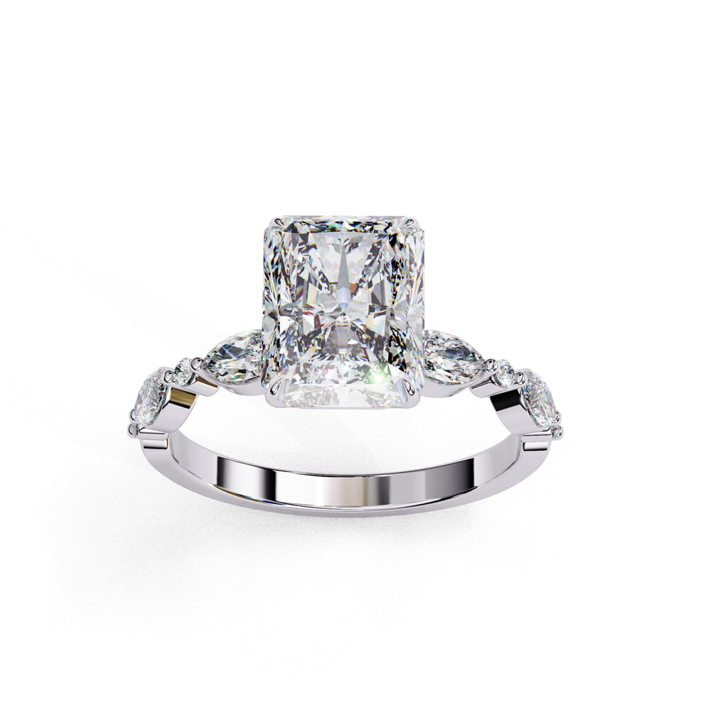 Radiant Central Stone Diamond Ring with Shimmering Side Accents