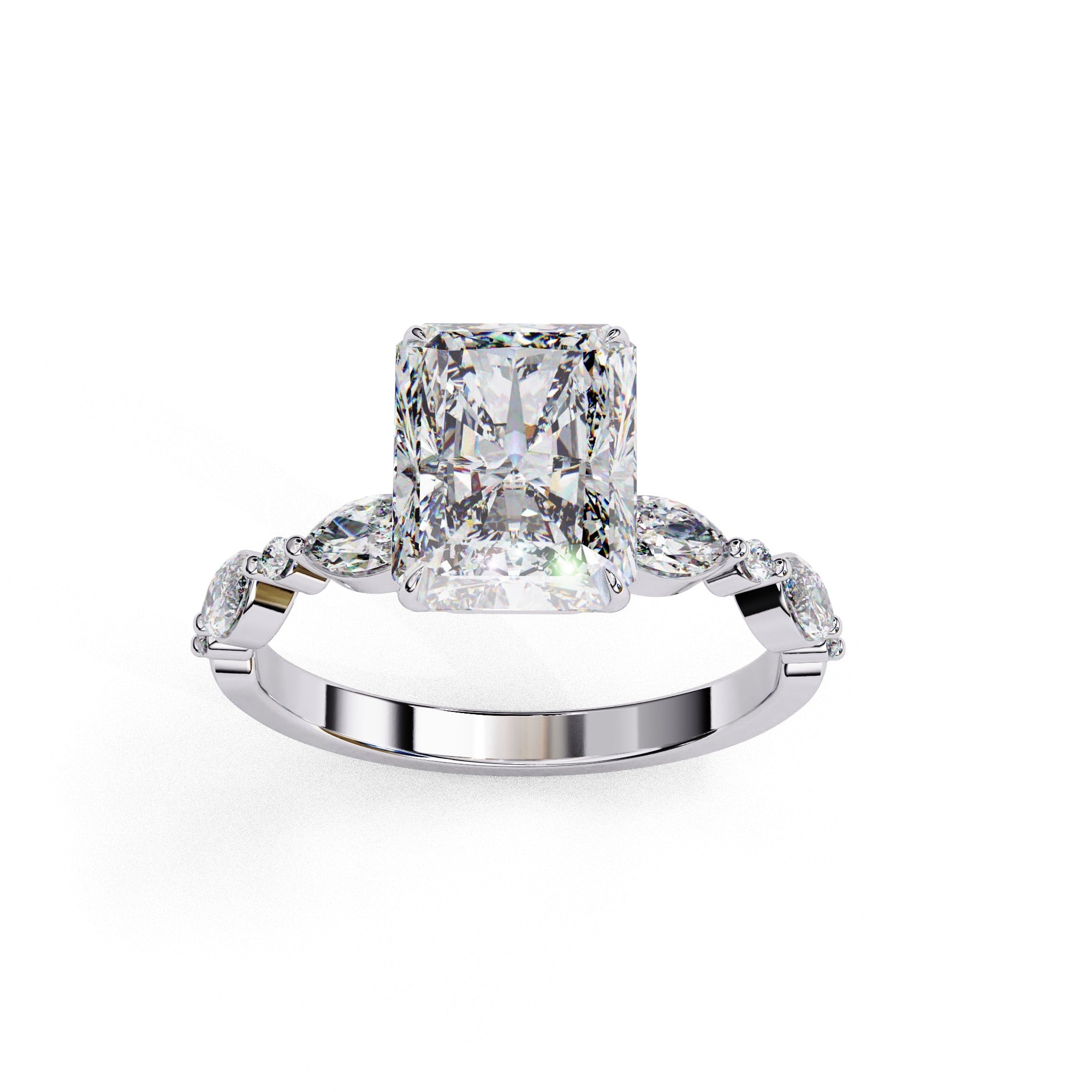 Radiant Central Stone Diamond Ring with Shimmering Side Accents