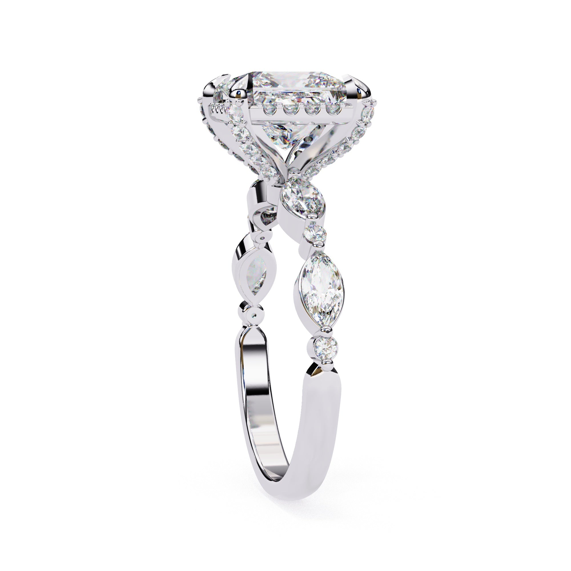Radiant Central Stone Diamond Ring with Shimmering Side Accents