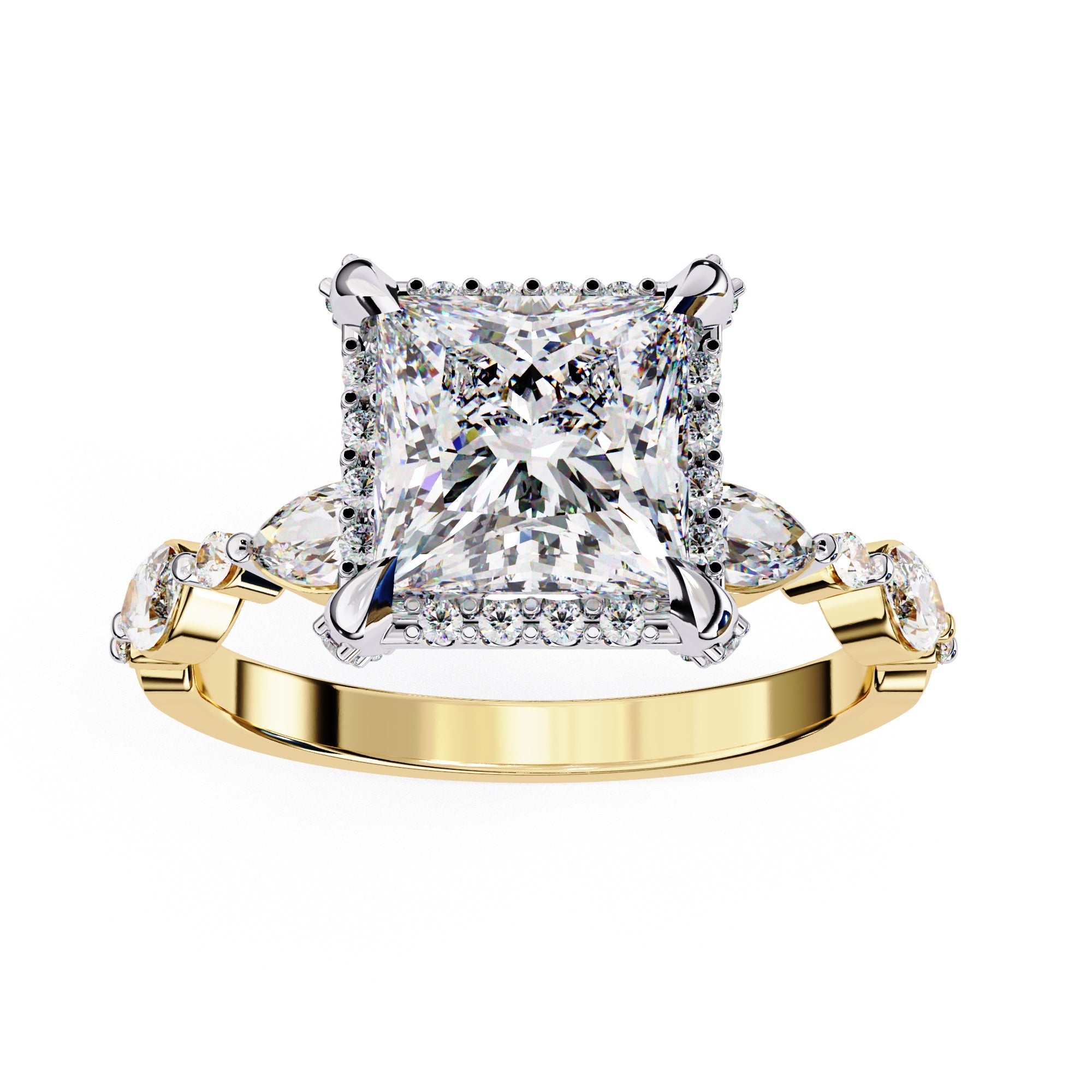 Radiant Central Stone Diamond Ring with Shimmering Side Accents
