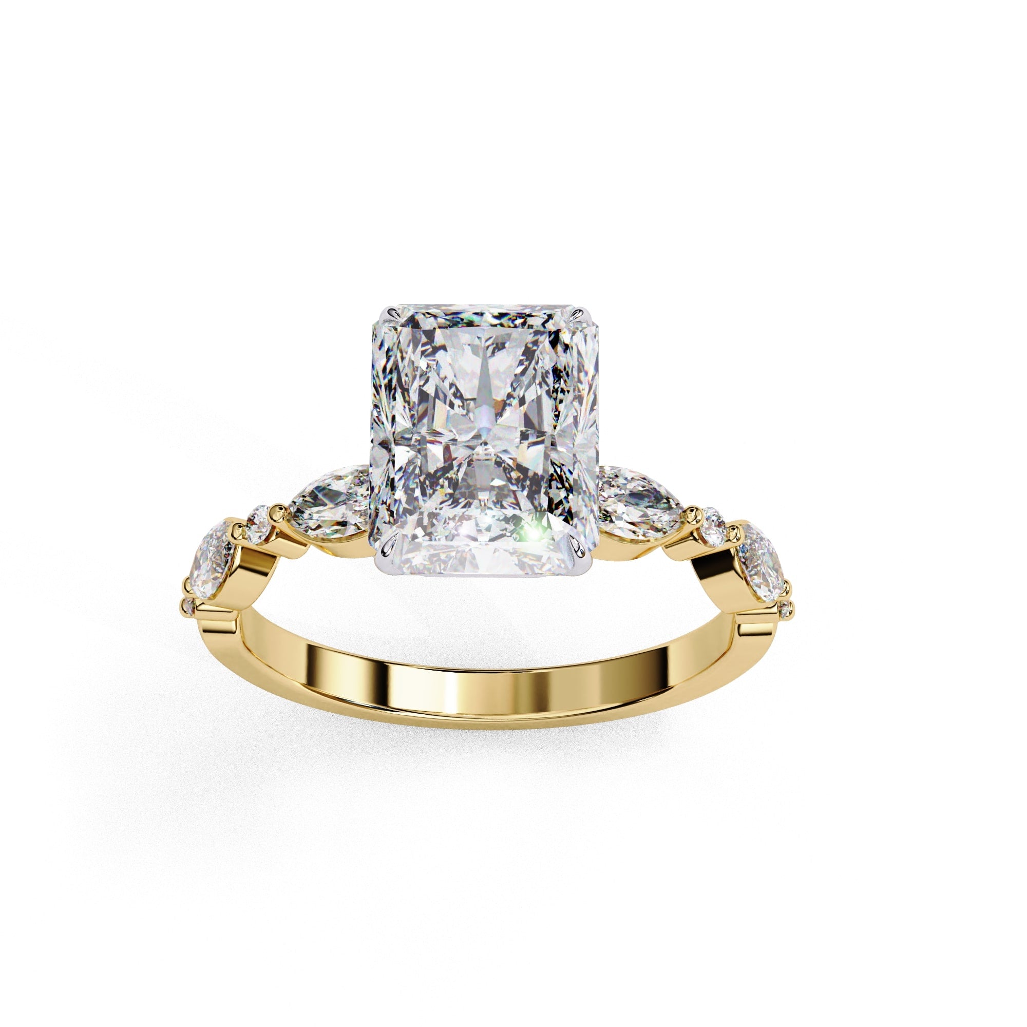 Radiant Central Stone Diamond Ring with Shimmering Side Accents