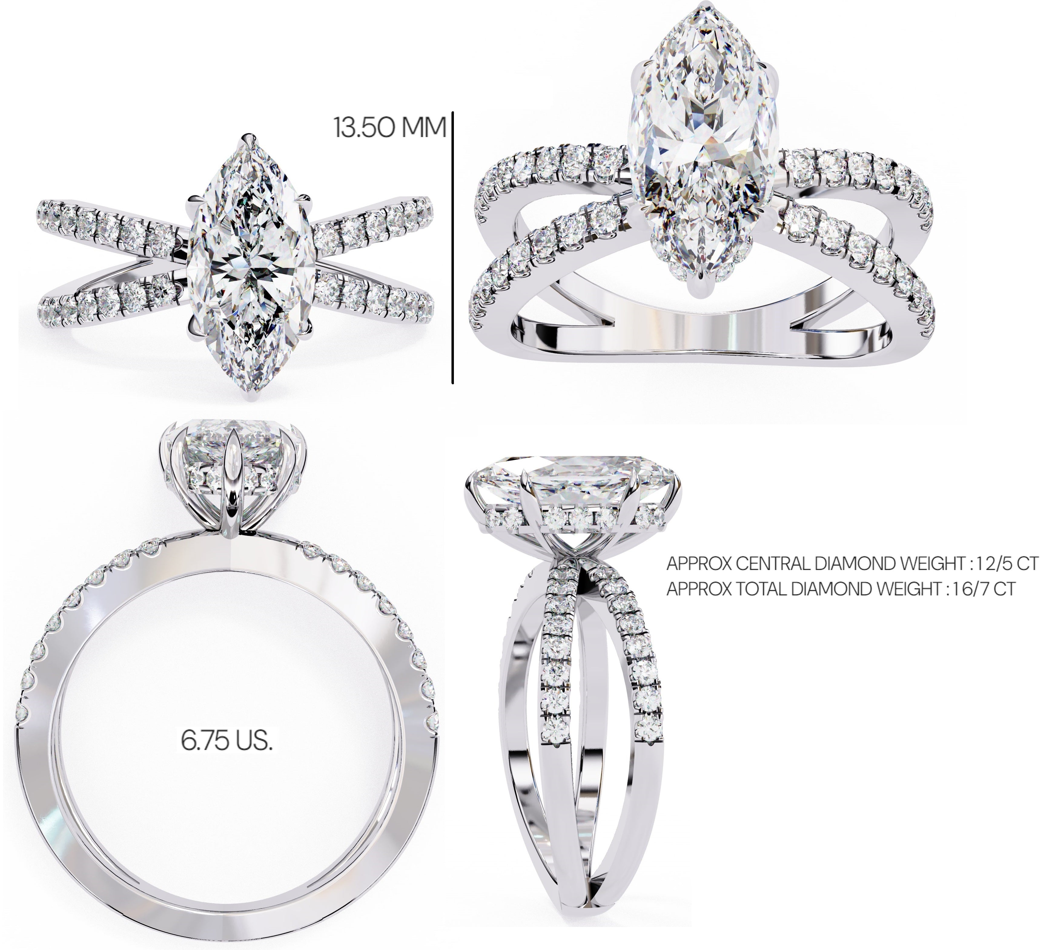 Radiant Central Stone Diamond Ring with Shimmering Side Accents