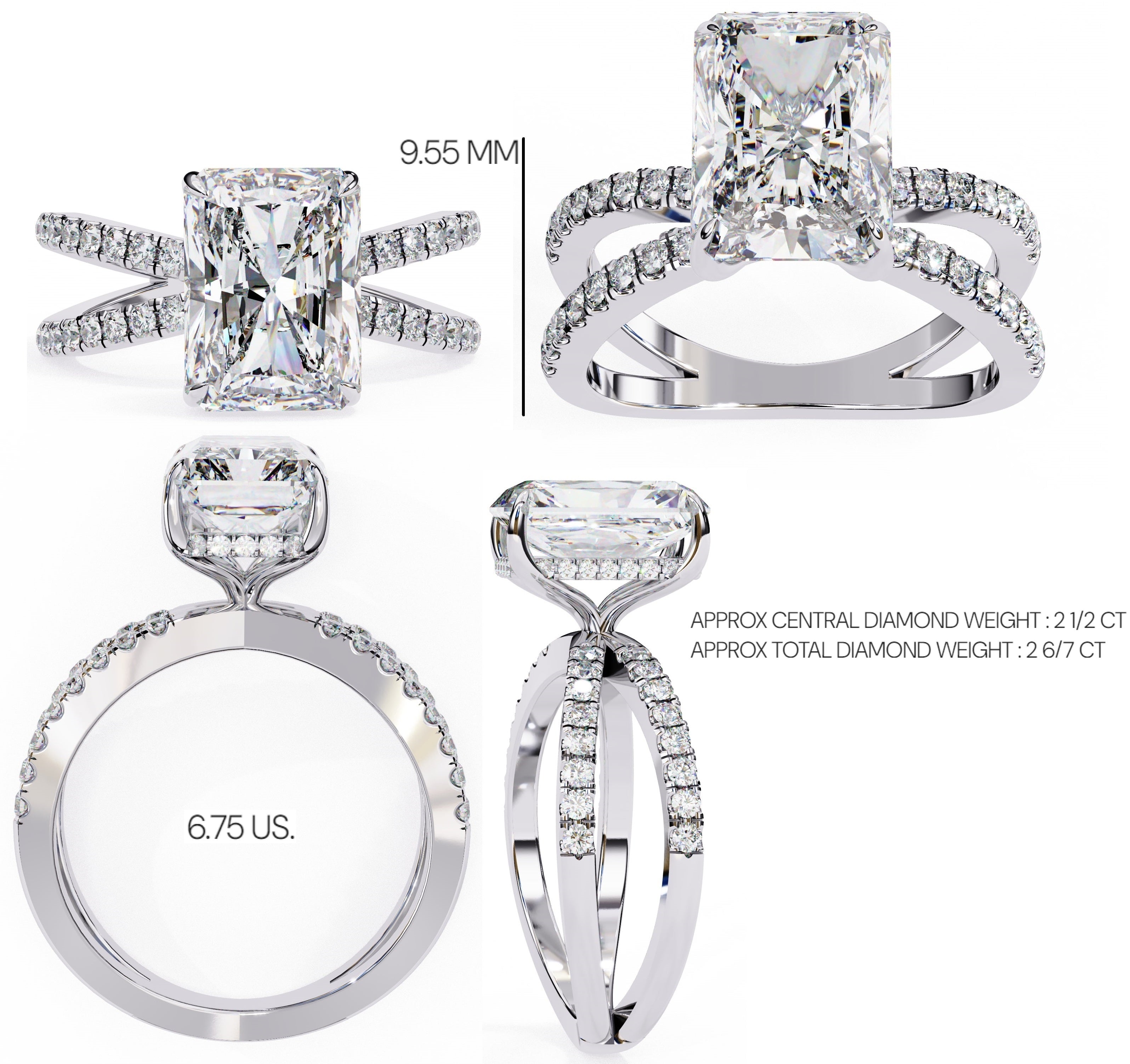 Radiant Central Stone Diamond Ring with Shimmering Side Accents