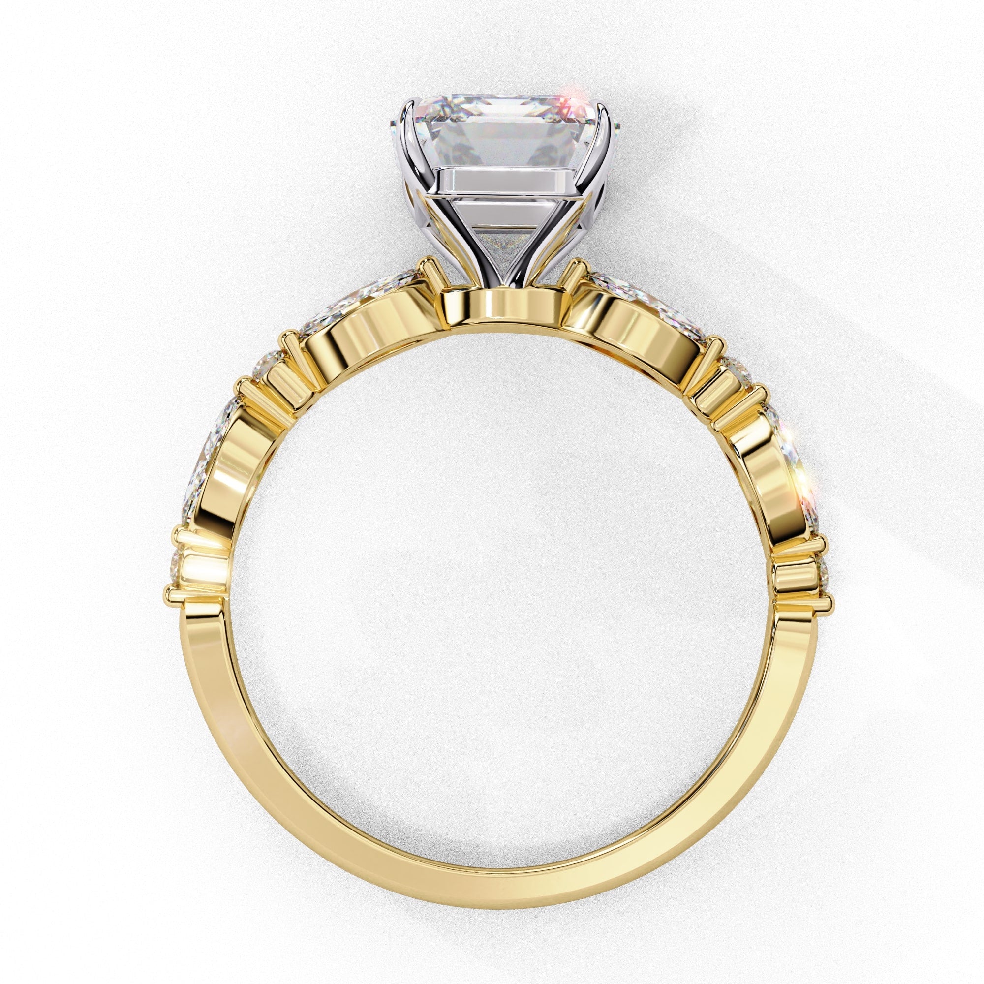 Radiant Central Stone Diamond Ring with Shimmering Side Accents