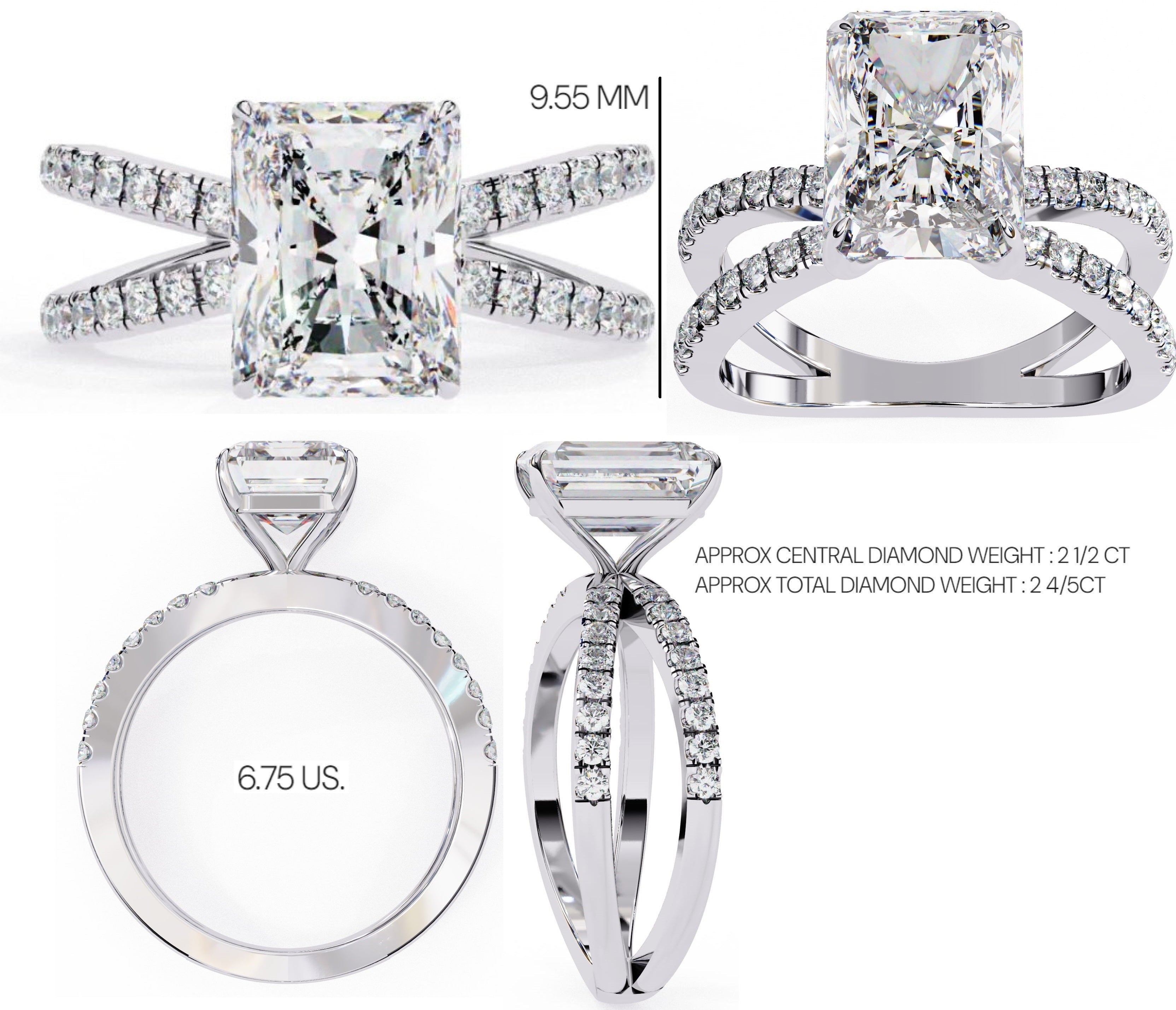 Radiant Central Stone Diamond Ring with Shimmering Side Accents