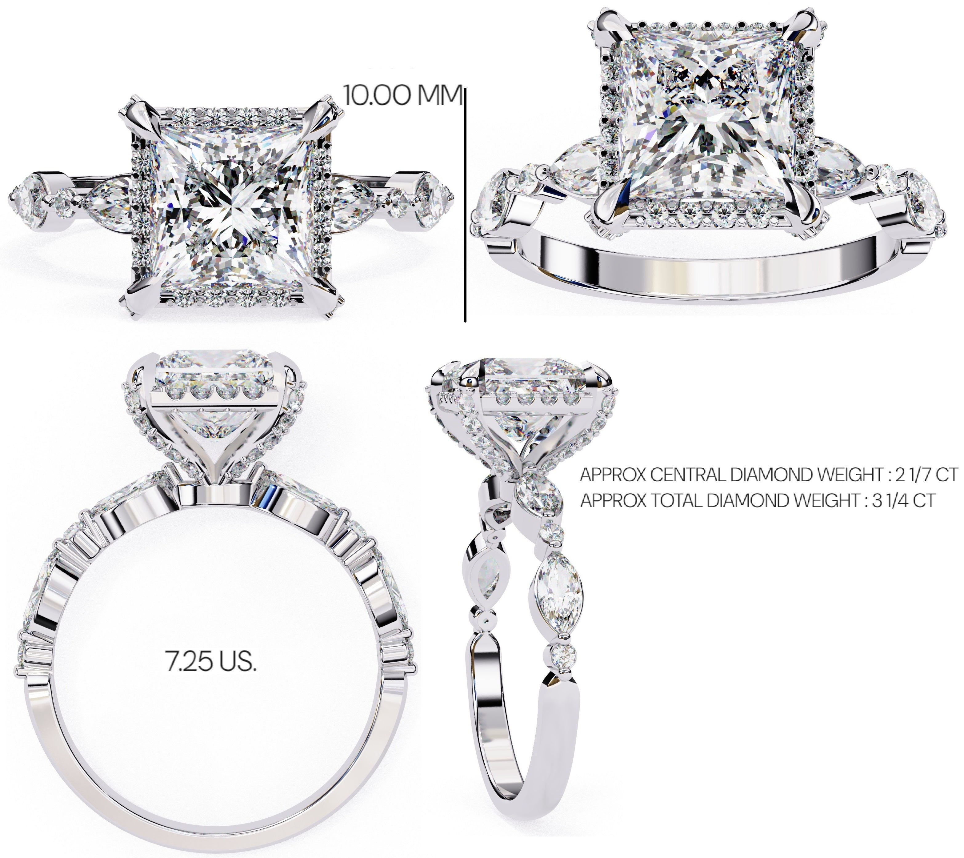 Radiant Central Stone Diamond Ring with Shimmering Side Accents