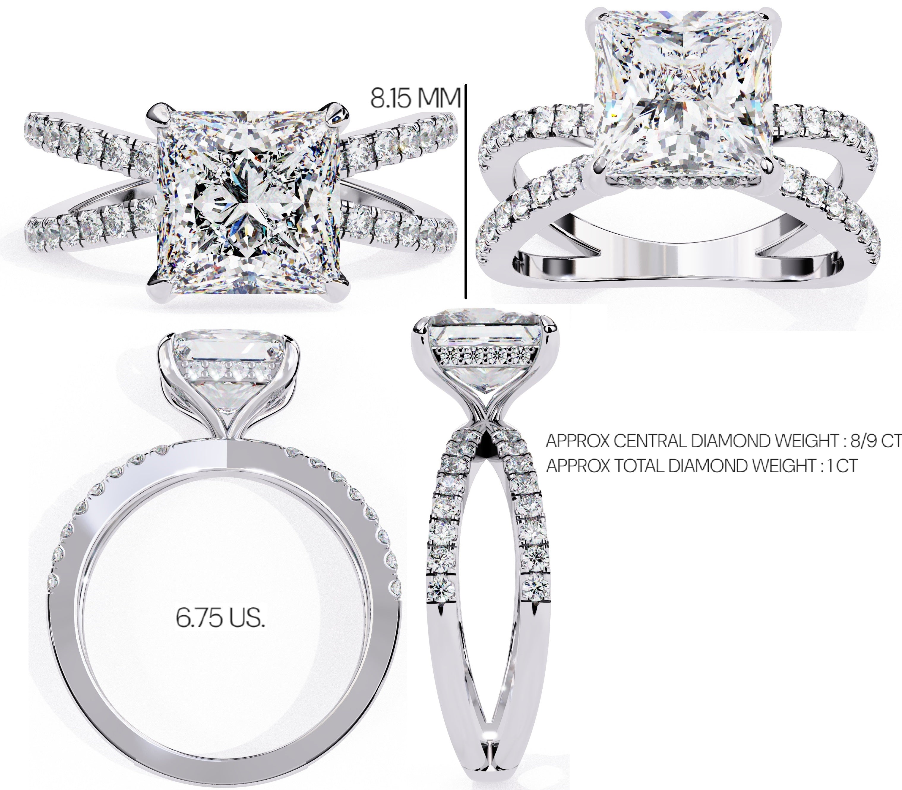 Radiant Central Stone Diamond Ring with Shimmering Side Accents