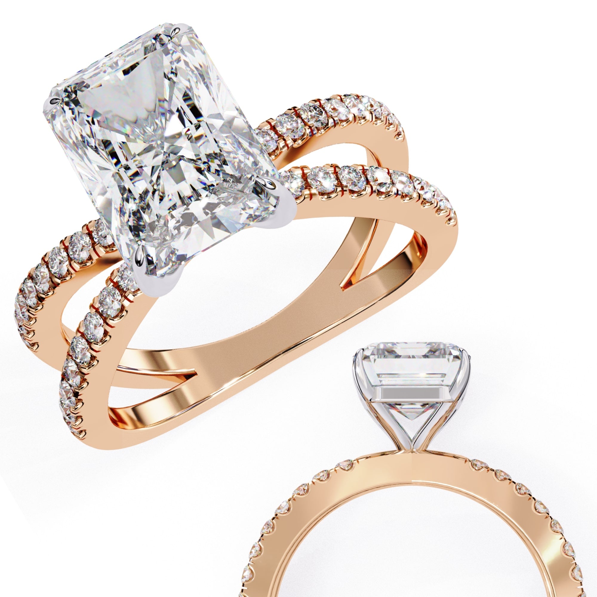 Radiant Central Stone Diamond Ring with Shimmering Side Accents
